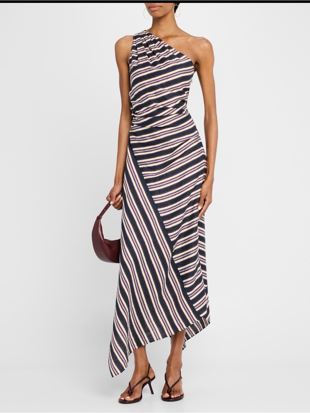 A.L.C. Lyn Dress Navy Stripe One Shoulder Linen Midi Dress Size 12